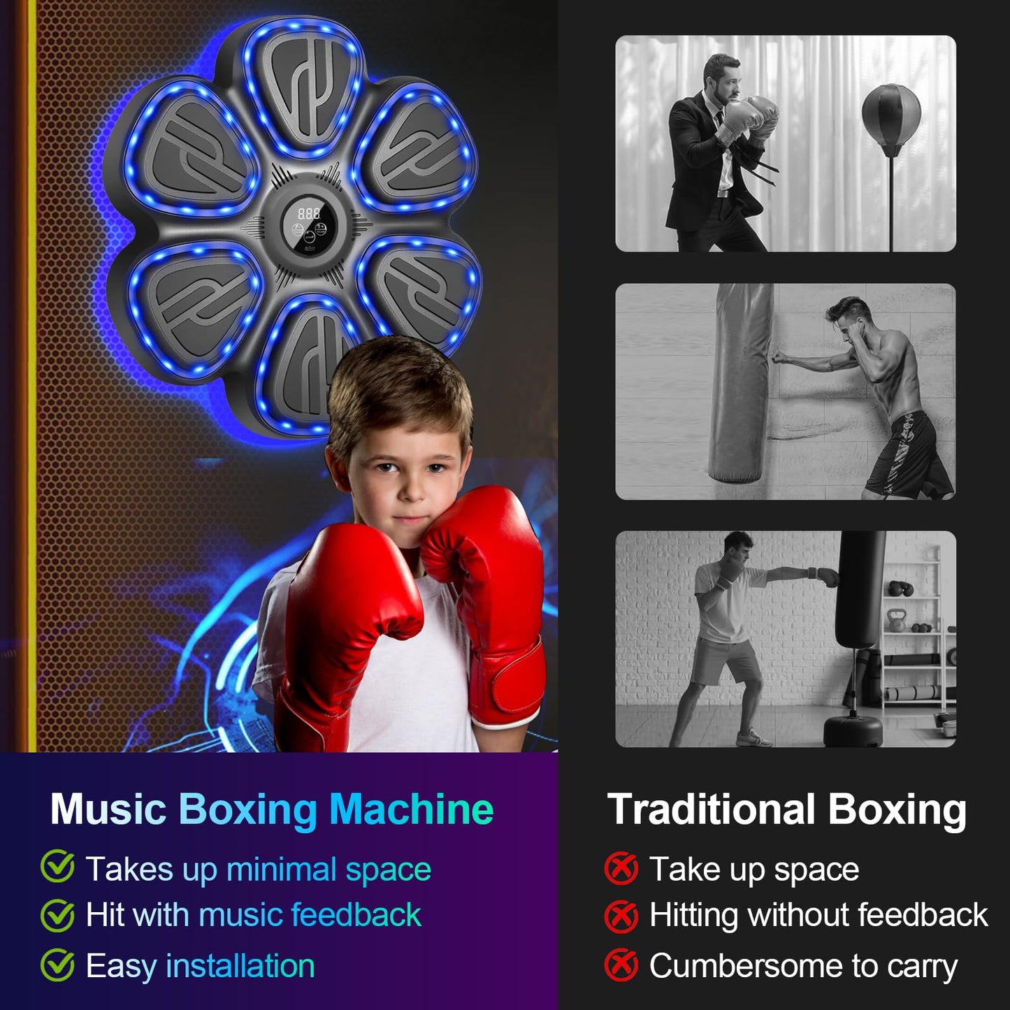 Terrepulse Music Boxing Machine for Kids,Wall Mounted Training Punching Machine for Teenager & Adults,Smart Interactive Boxing Machine with LED Lights & Bluetooth (Black)
