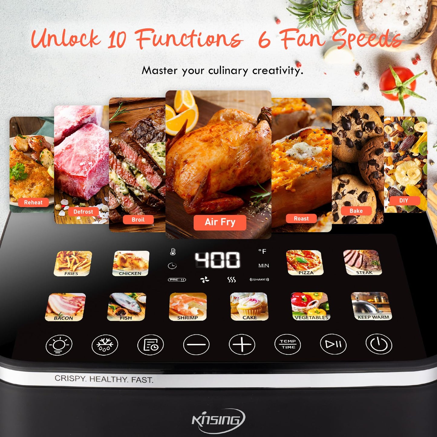 KINSING 10.6 QT Oilless XL Large Air Fryer, 9 Presets & Keep Warm, Stainless Steel Inner Cavity, 400℉ Precise Temp Control, Shake Reminder, Square Non-Stick&Dishwasher Safe Basket,With Visible Window