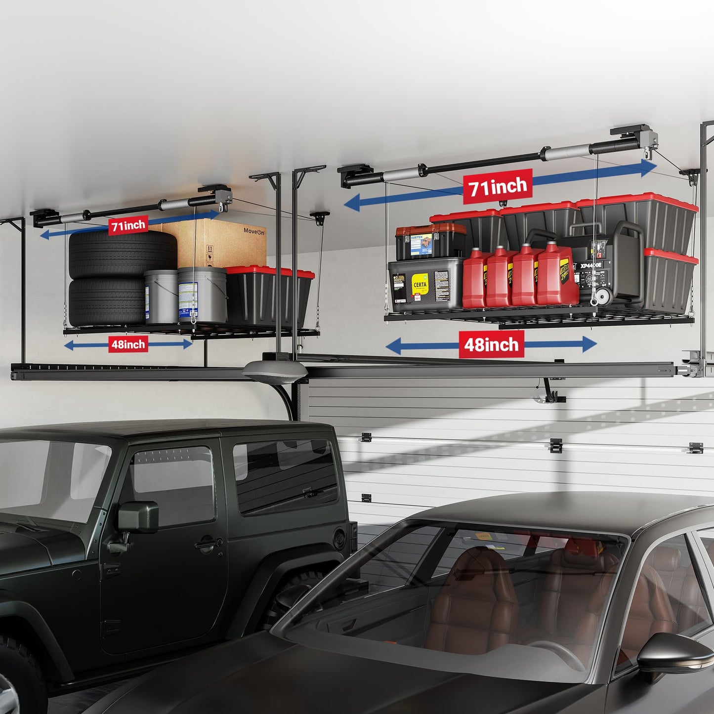 FLEXIMOUNTS Garage Lifting Metal Rack, 4x4 Ft Overhead Garage Storage Racks, Adjustable Heavy-Duty Ceiling Organization System, 350lbs Weight, Satin Black
