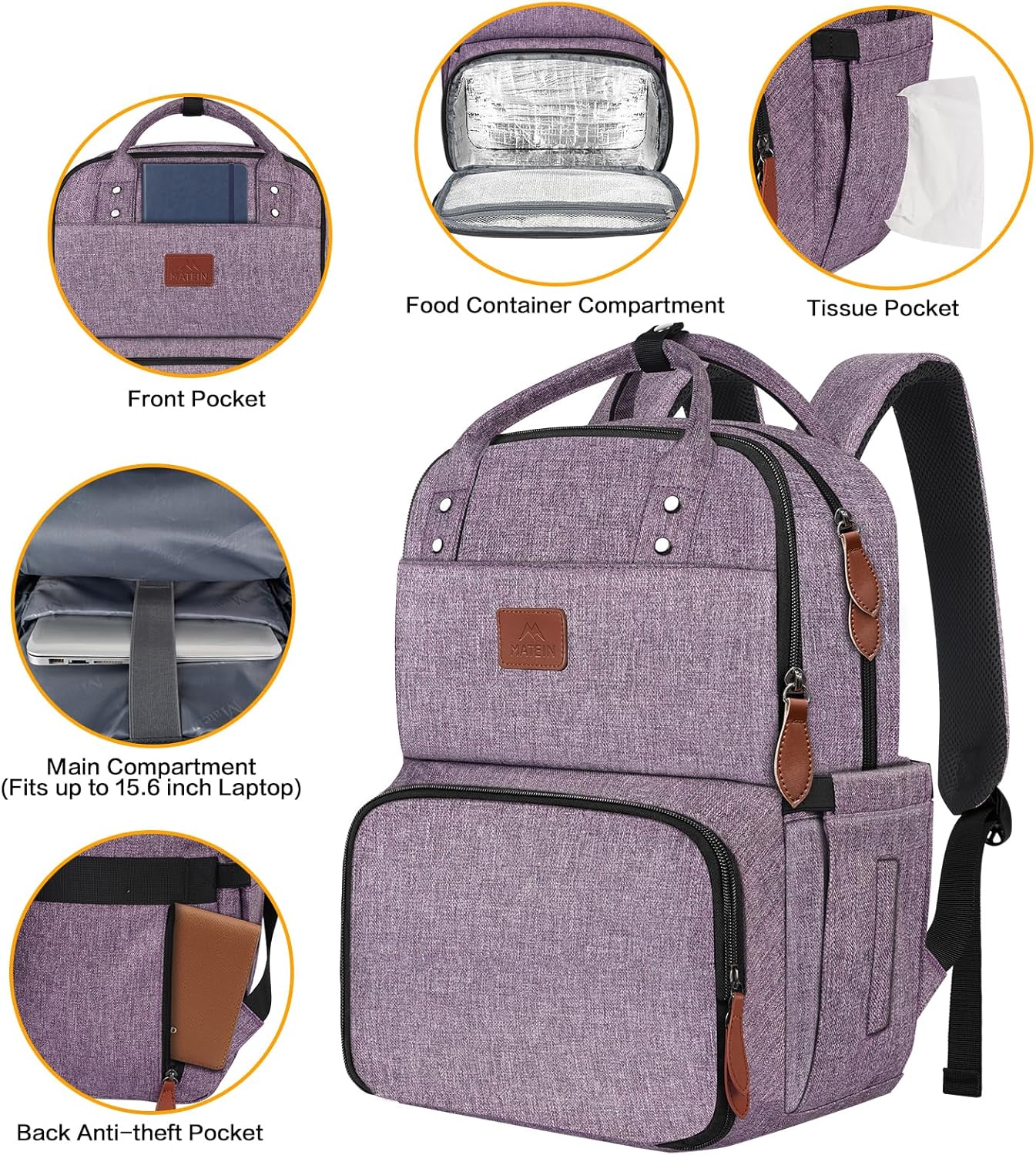 Backpack Backpacks 15.6 inch MATEIN Laptop with Lunch Box, Insulated Women with Cooler Compartment, Fits Laptop Water
