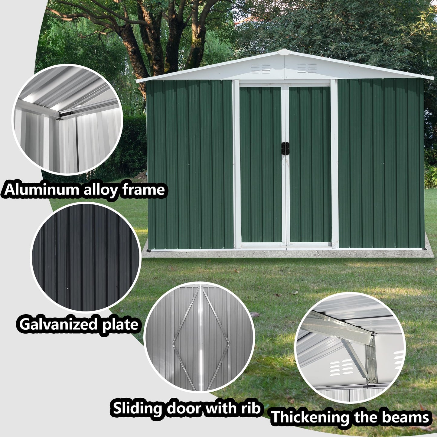 Ball & Cast 8x6 FT Outdoor Storage Shed, Garden Metal Sheds with Punched Vents and Sliding Door, Clearance Tool House with Aluminum Frames and Sloped Roof for Backyard Patio,Green
