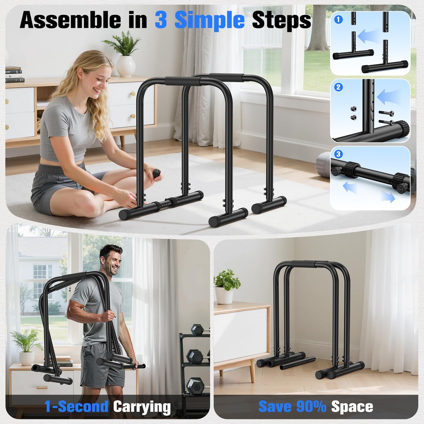 SPORTSROYALS DP3 Dip Station Adjustable Dip Bar, Heavy Duty Parallette & Parallel Bars, 400LBS Stable Dip Stands for Home Gym, Calisthenics & Upper Body Workout Equipment