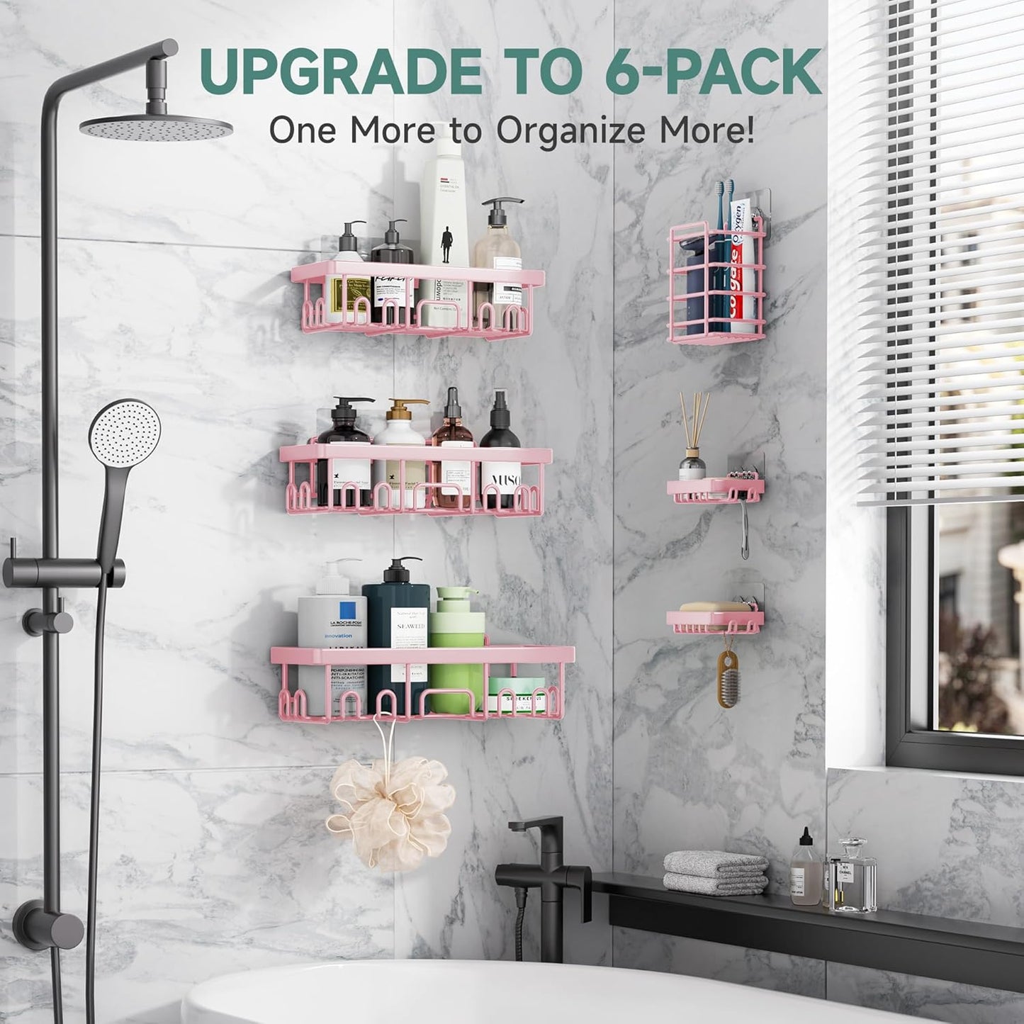 Veken Large Capacity Shower Caddy - Rustproof Adhesive Shelves with Soap Holder | 6-Pack Pink Bathroom Organizer