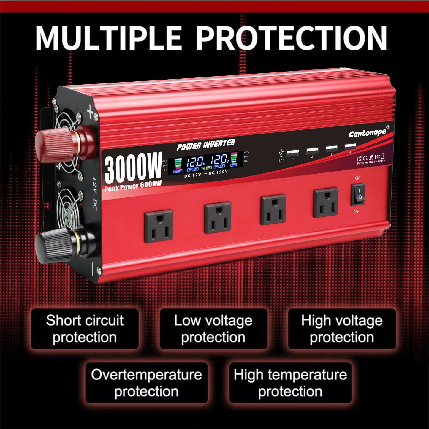 Cantonape 3000W Power Inverter 12V to 110V/120V DC to AC with LCD Display, Remote Controller 4 x AC Outlets and 4 x 3.1A USB Car Adapter for Car Truck Boat RV Solar System