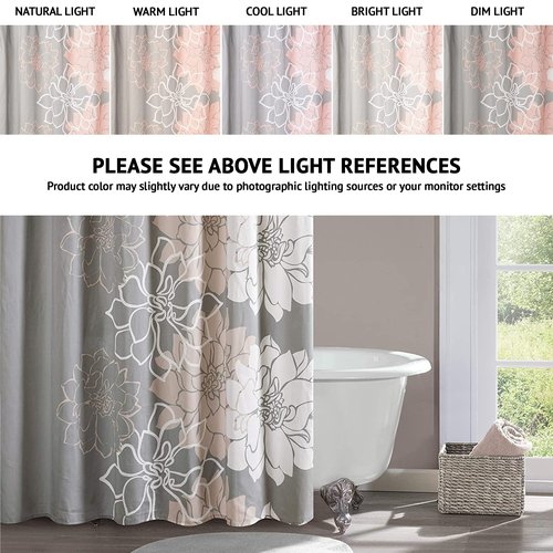 Madison Park Lola 100% Cotton Shower Curtain, Casual Large Floral Design, Modern Bathroom Decor, Machine Washable, Fabric Privacy Screen 72x72", Grey/Peach