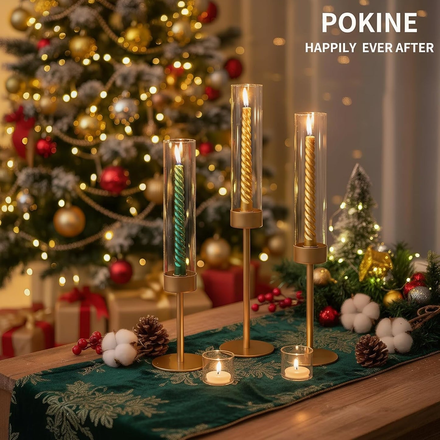 POKINE Tall Candle Holders - Set of 3 Hurricane Glass Taper Holders for Weddings & Parties