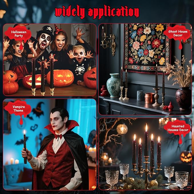 6 Pack Halloween Bleeding Candles, Black Vampire Tears Taper Candles Spooky Blood Drip Candles Set for Halloween Party Gothic Home Vampire Theme Rituals Decoration