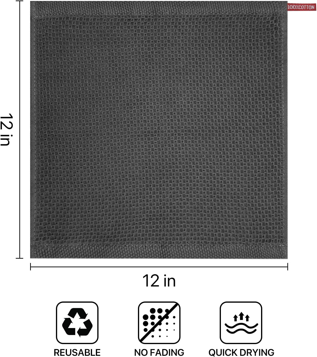 Skiennix 100% Cotton Waffle Weave Kitchen Towels - Ultra Soft & Absorbent, 8 Pack, Dark Grey, 12x12 Inches