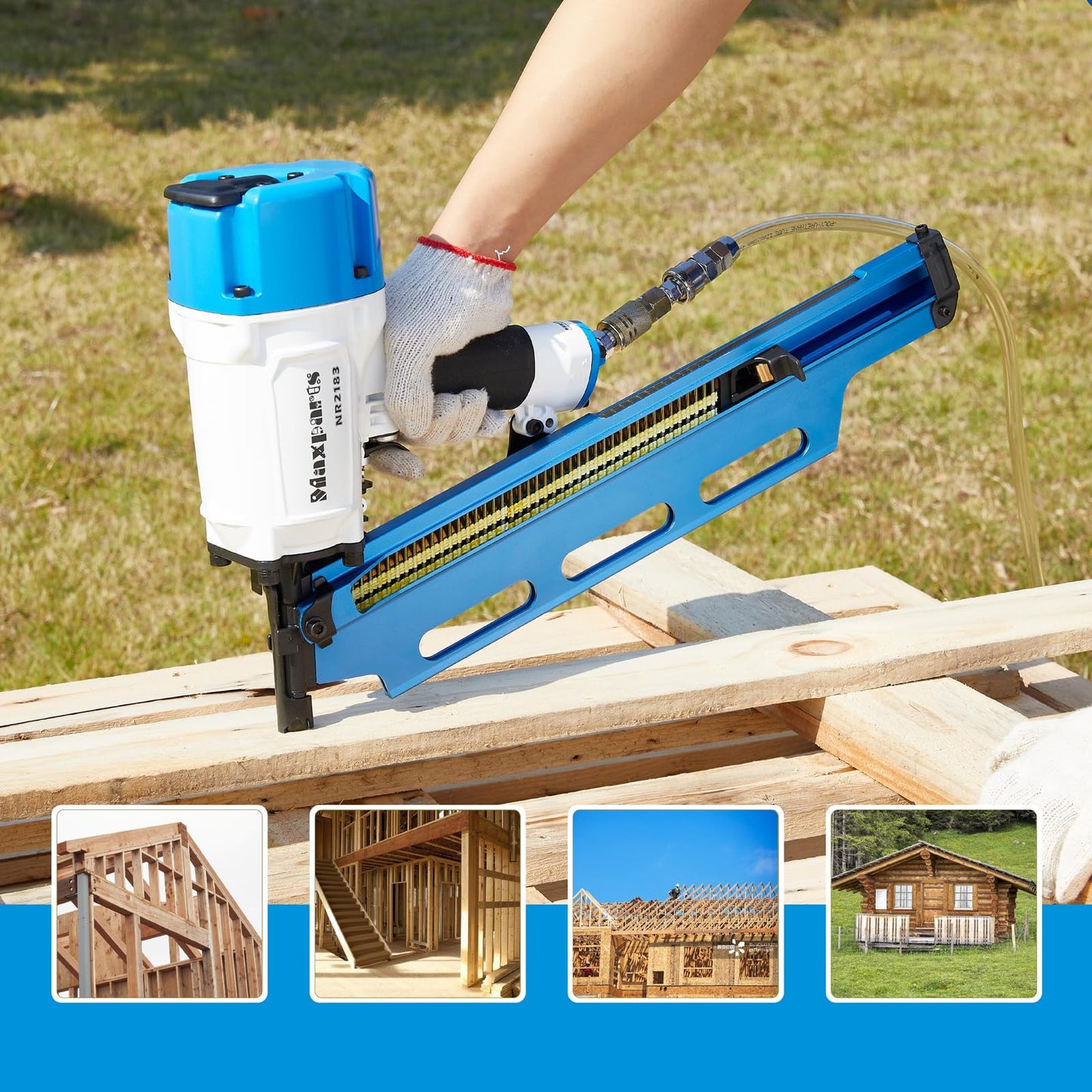 Maxparts Framing Nail Gun NR2183 21 Degree Plastic Strip Nailer with Aluminum Magazine Quick Shooting Pneumatic Tools for Wood Constructions Light Blue Color