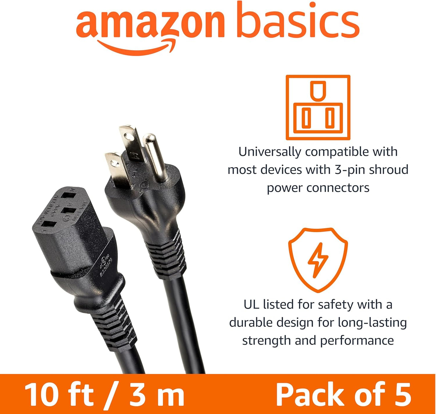 Amazon Basics 10 3 18 125 5-Pack PC Power Cord, feet, Compatible with Monitor, Computer, TV, Prong, AWG, Volts, Black