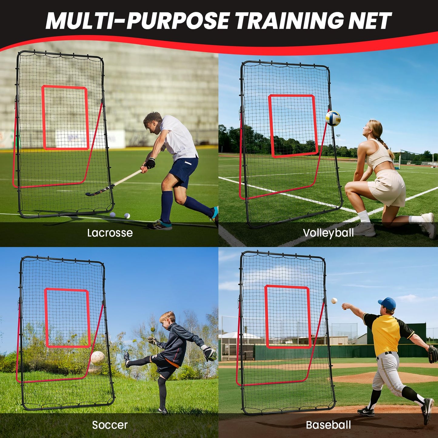 BAGAIL Volleyball Rebounder Net 7x4 Ft, Bounce Back Training Equipment with Unique Curved Frame for Better Catching, 5 Adjustable Angles for Volleying & Spiking, Easy Set Up & Sturdy Base - Red