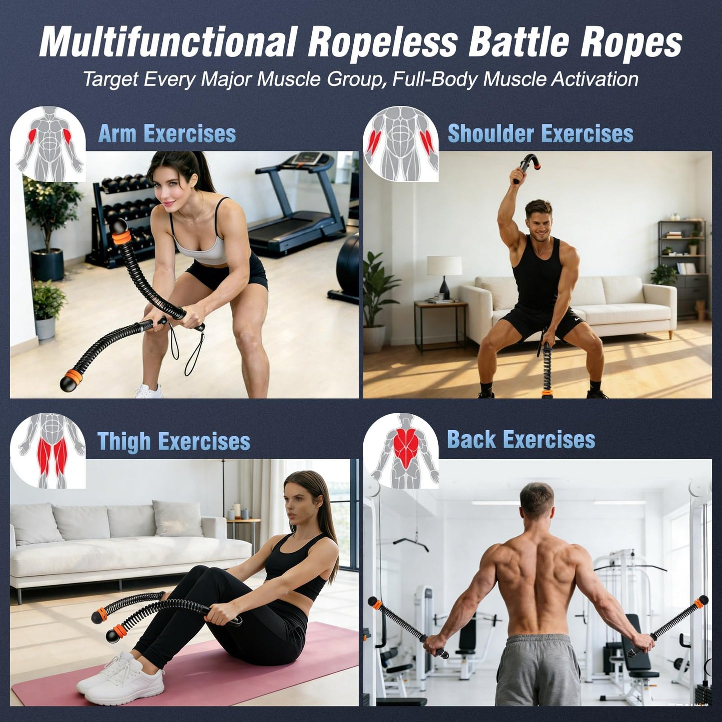 QWBthnk Adjustable Ropeless Battle Ropes, Weighted Cordless Battle Ropes for Home Gym, Quiet Non-Slip Exercise Ropes for Home Workout, Portable Battle Rope for HIIT Strength & Low-Impact Cardio