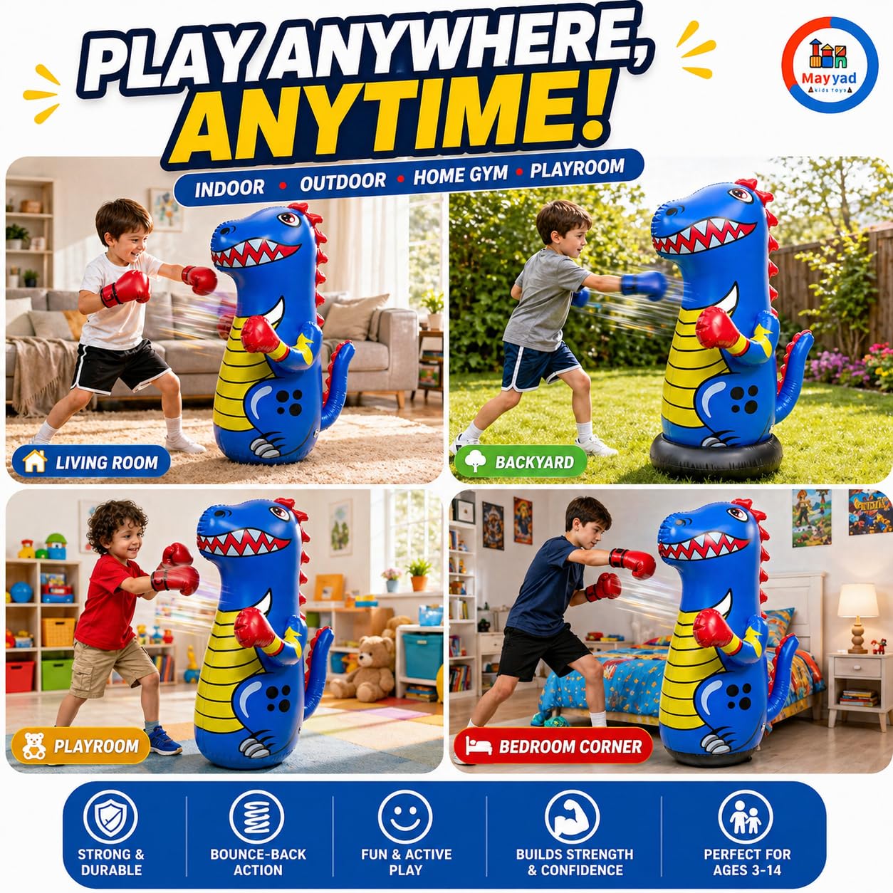 Inflatable Punching Bag for Kids - Blue, 47 Inch - Dinosaur Bop Bag Toy with Fast Bounce Back Action - Durable Punching Toy - Fill Base with Water or Sand for Stability - Ages 3-14