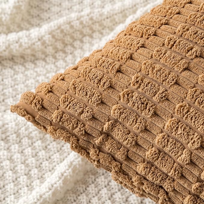 MIULEE Pack of 2 Corduroy Decorative Euro Sham Throw Pillow Covers 24x24 Inch Soft Boho Striped Pillow Covers Modern Farmhouse Home Decor for Sofa Living Room Couch Bed Brown