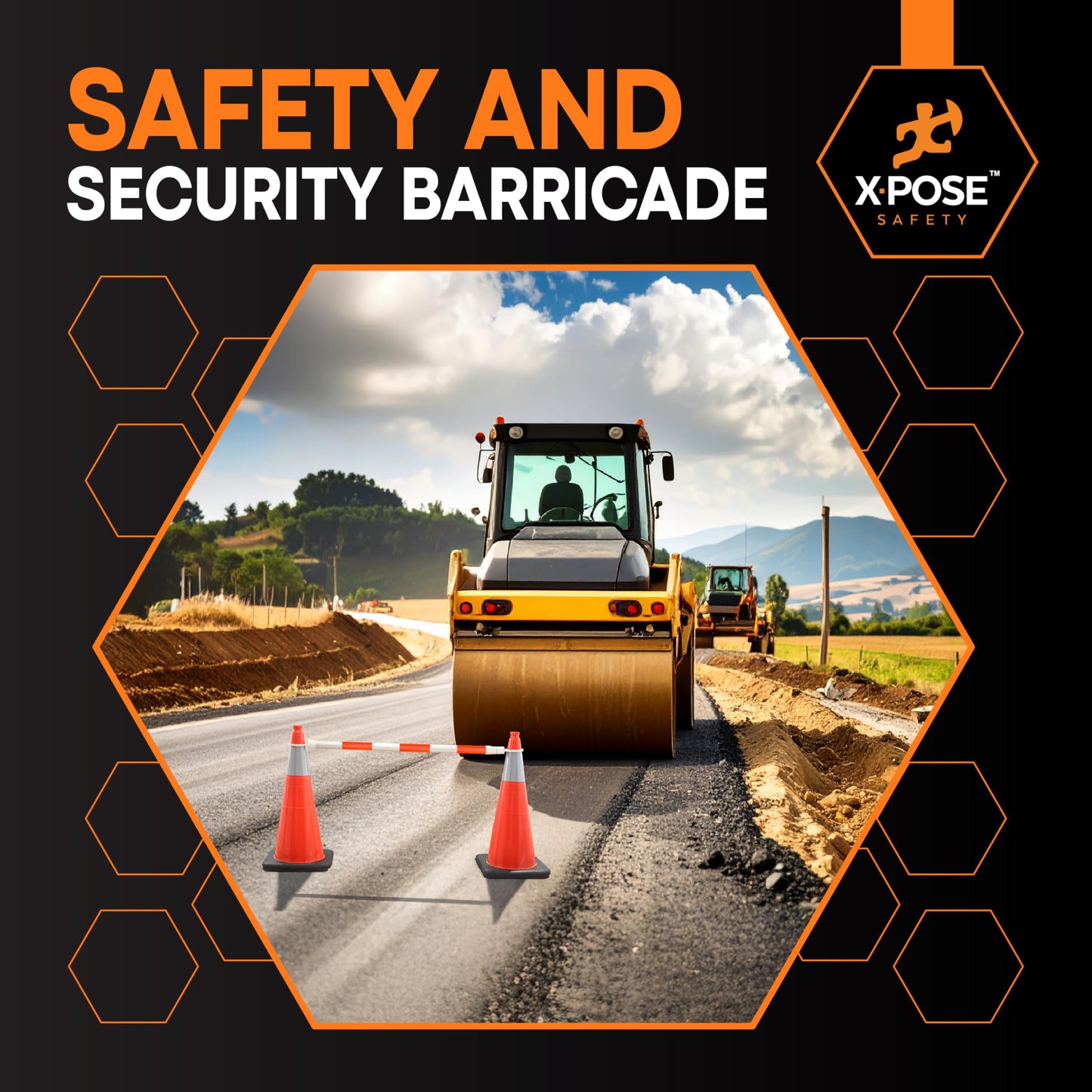 Xpose Safety Reflective Retractable Barrier for Traffic Cones – 6 Pack, Orange/White, Expandable 72″–120″ for Construction, Parking & Crowd Control