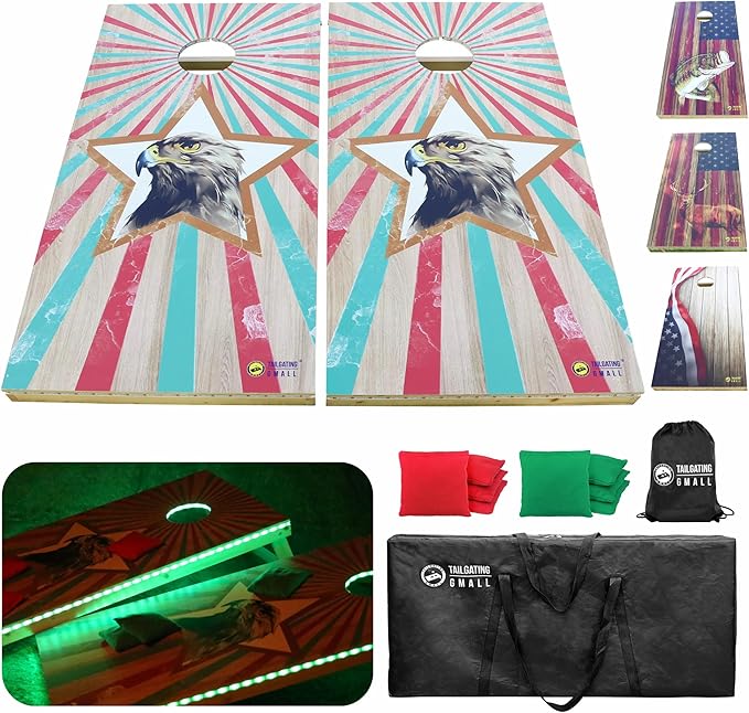 LED Cornhole Board Set 4FTx2FT Solid Wood Regulation Size Cornhole Set with LED Lights Includes 8 Cornhole Bags for Adults (Eagle, 4'x2')