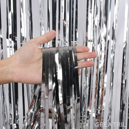 GREATRIL Silver Streamers Metallic Party Backdrop - Foil Fringe Tinsel Curtain for Events | 8.2ft x 3.2ft - Pack of 2