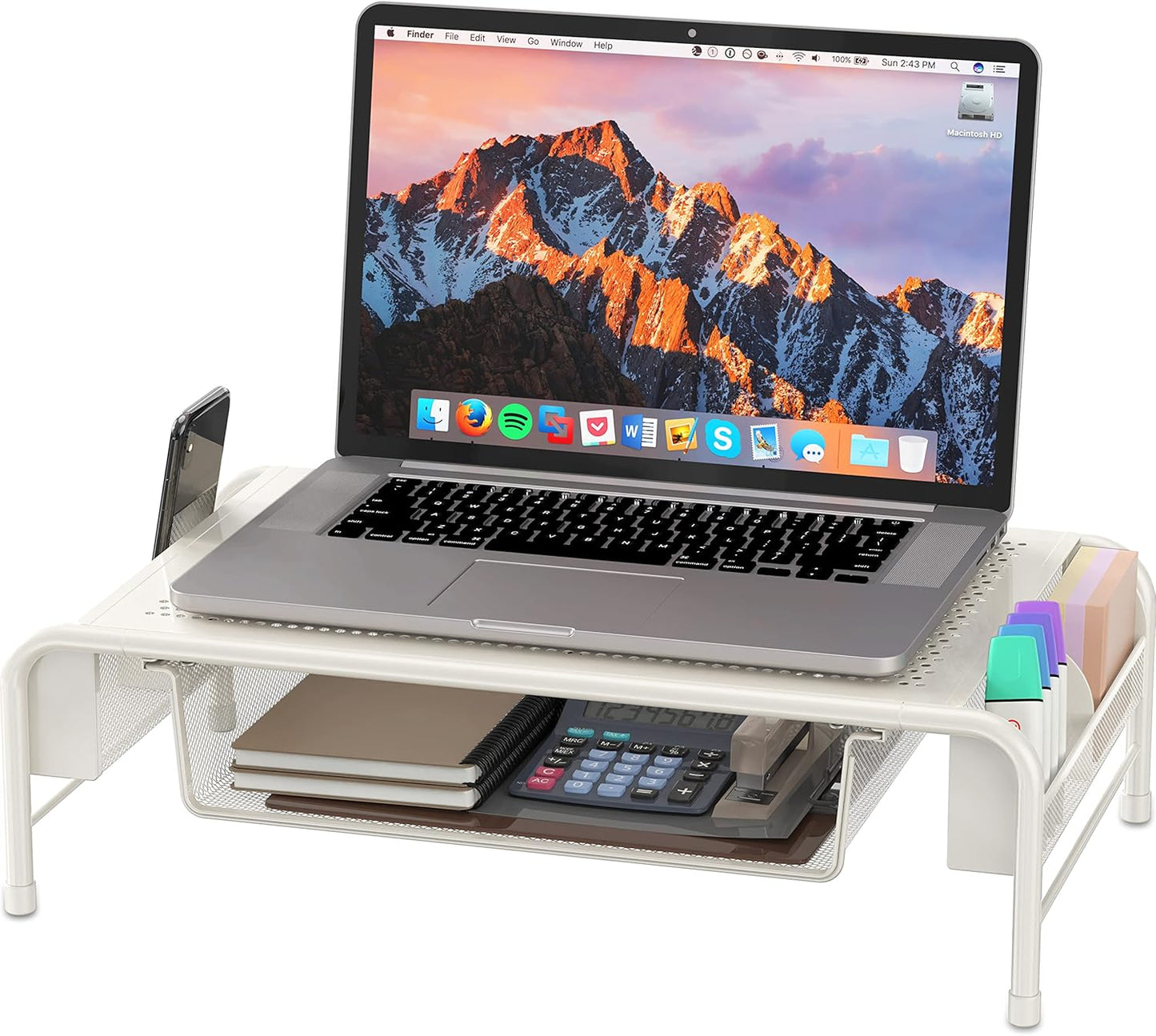 White Metal Monitor Stand with Organizer Drawer - Simple Houseware