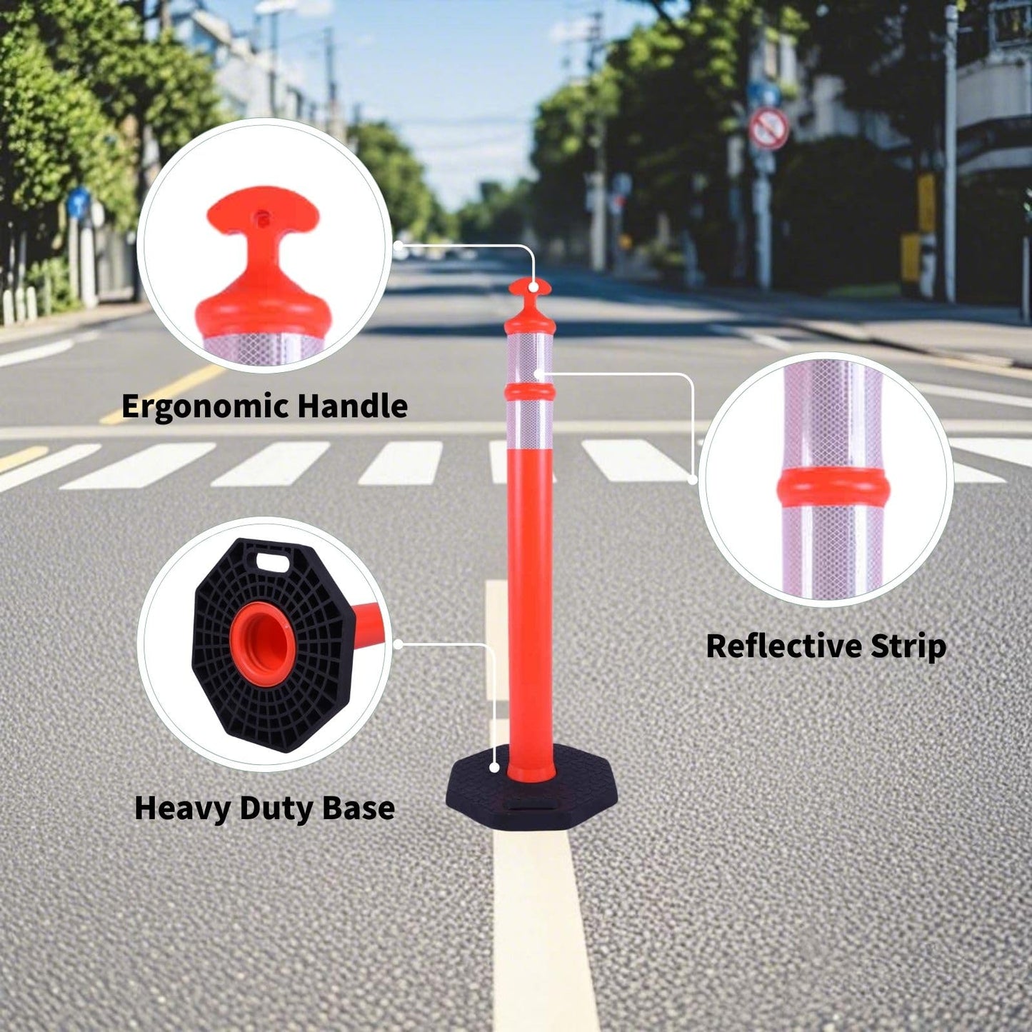 OranclUS Reflective Rubber Base Traffic Delineator Post - Heavy-Duty Safety Bollards for Parking Lot Markers, Road Construction, Driveway Warning - with Reflective Strips (6 Pack - 42 Inch)