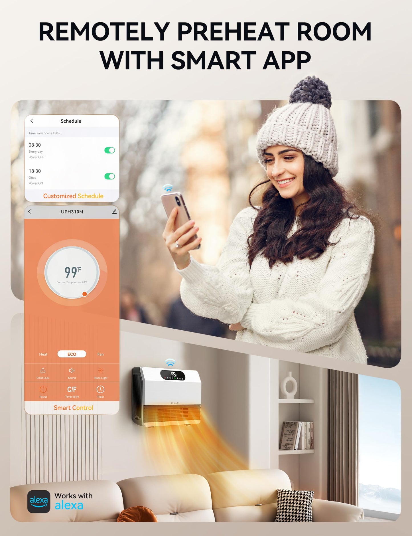 GiveBest Electric Wall Heater, Space Heaters for Indoor Use, 1500W Smart Heater with Adjustable Thermostat, Remote Control, Works with Alexa, 12H Timer Heat for Bedroom Office Home Garage RV, White