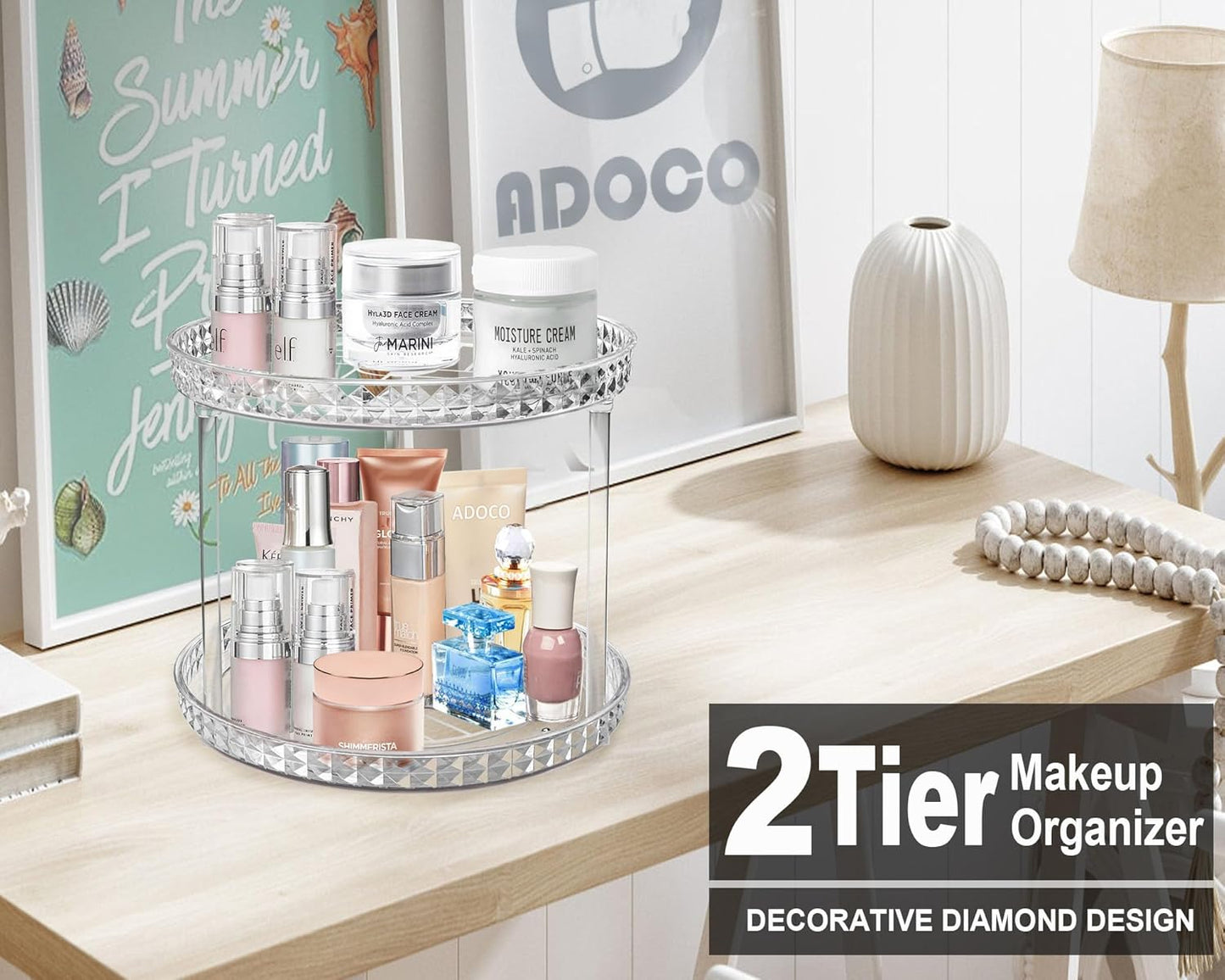 Skiennix 2-Tier Diamond Lazy Susan Bathroom Organizer - 360° Rotating Clear Makeup & Skincare Storage | 9.25 Inch