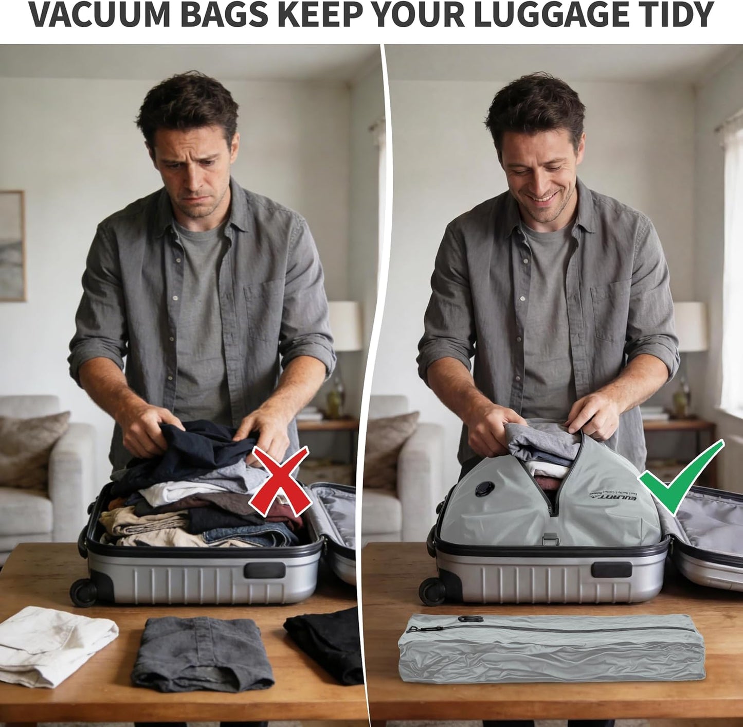 Skiennix Reusable Vacuum Bags - Waterproof IPX8 Compression Bags for Travel | 2 Pack, Gray