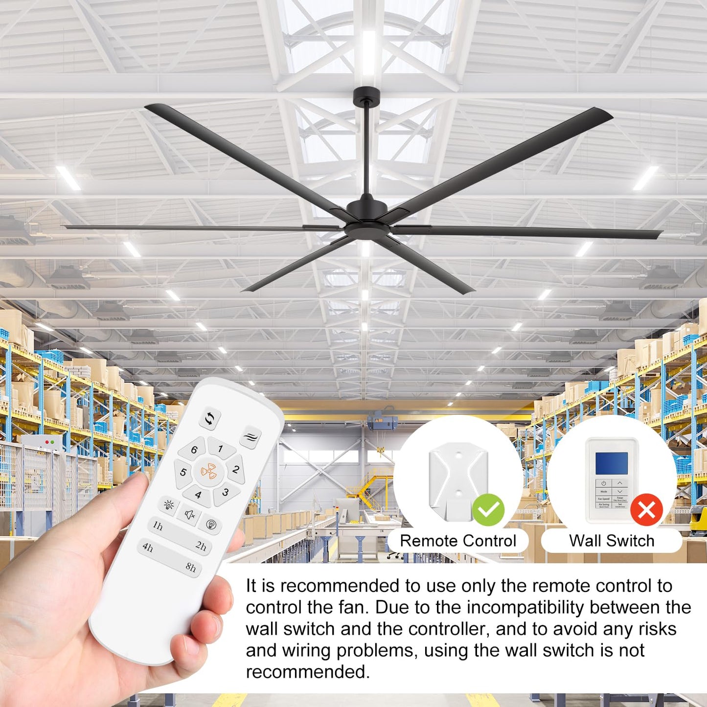 Breezary 120 Inch Ceiling Fan No Lights Extra Large HVLS 10ft Industrial Black Ceiling Fan without Light for High Ceiling Ultra-Quiet DC Motor 6 Aluminum Blades for Commercial Use Garage Warehouse Gym