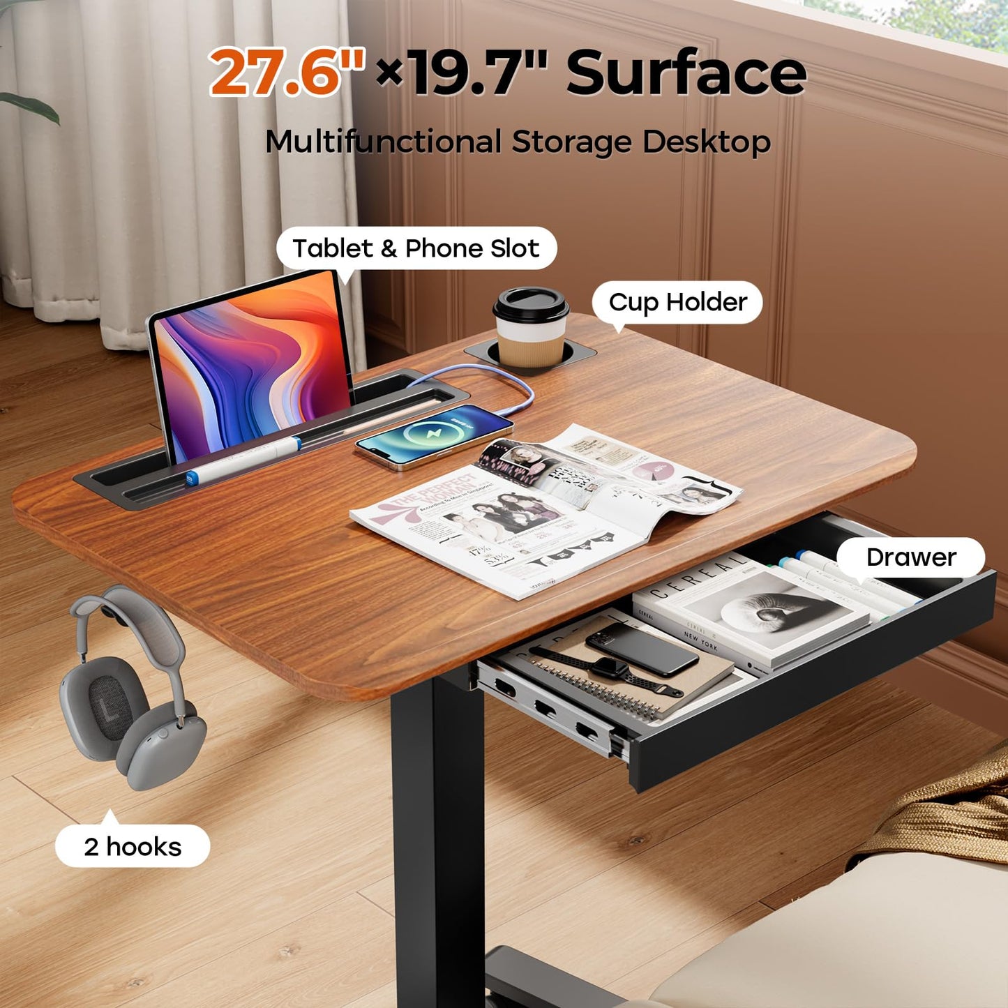 JYLH JOYSEEKER Mobile Standing Desk with Drawer, 28" Rolling Desk with Cup Holder and Hooks, Portable Laptop Workstation on Wheels, Height Adjustable Cart with Storage for Home Office, Dark Wood