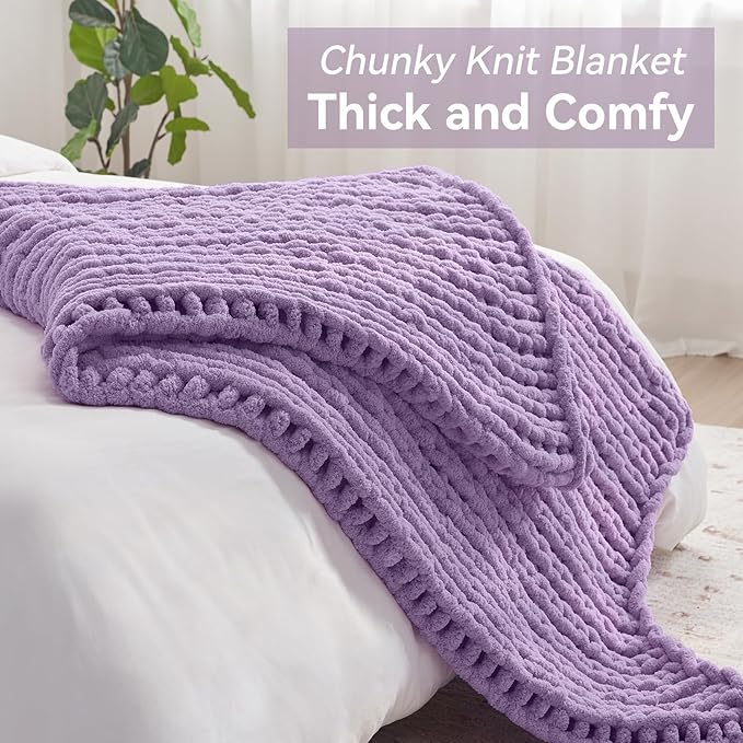 Negwoo Chunky Knit Throw Blanket, 30''*40'' Knitted Throw Chenille Yarn for Bed Couch, Handmade Light Purple Crochet Big Thick Blanket, Machine Washable Cute Comfy Blanket for Home Decor
