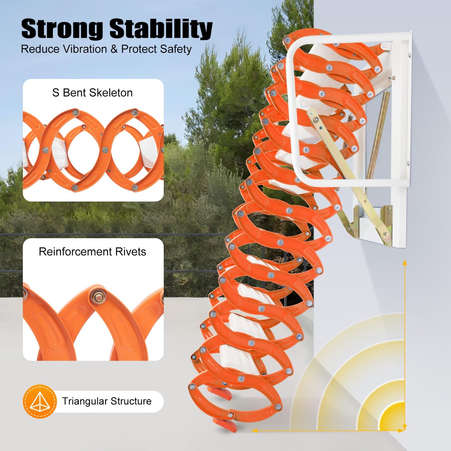 12 Steps Wall Mounted Attic Loft Ladder, Alloy Retractable Telescoping Ladder with Handrails, Folding Ladder Loft Stairs 880lbs Capacity, Attic Pull Down System for Height 9.5-10.17ft, Orange