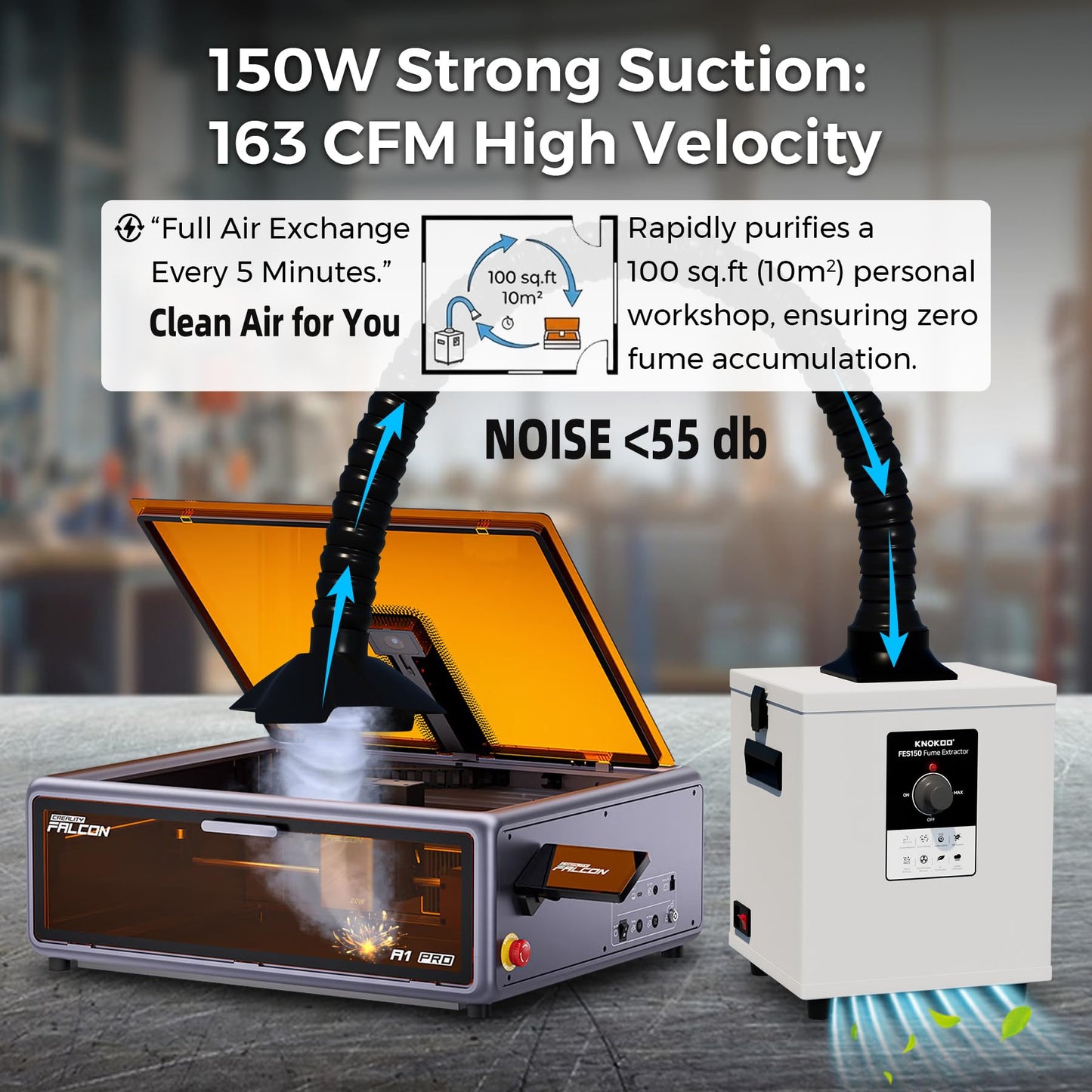 KNOKOO FES150 150W Solder Fume Extractor, 163 CFM(278 m³/h) Strong Suction 3D Printing Smoke Removal with H13 HEPA & Activated Carbon, Laser Smoke Purifier for 5W to 20W Laser Engraving
