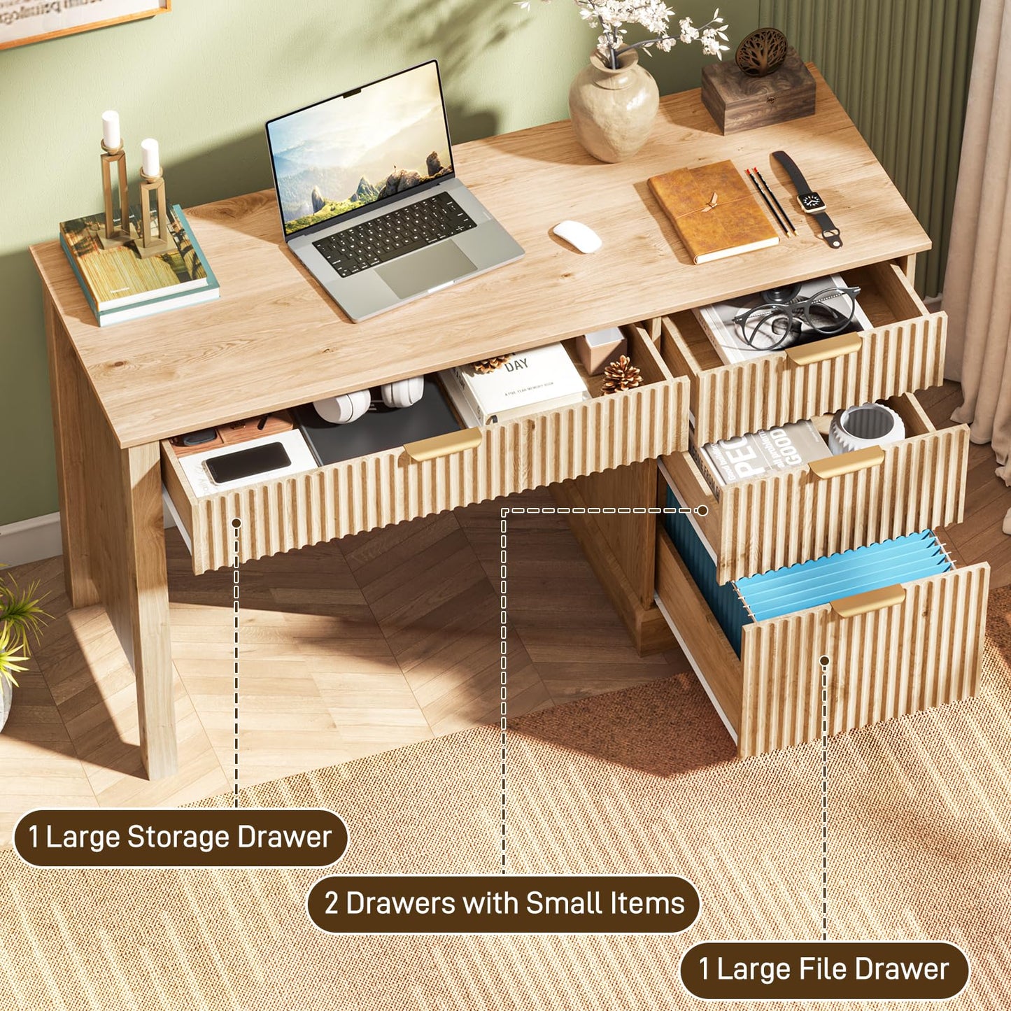 Vabches Fluted Executive Desk with Drawers, Wood Computer Desk with Ample File Drawer, Home Office Desk with Storage for Study, Bedroom, Living Room, Oak