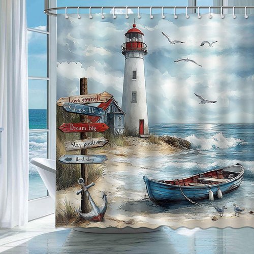 Mocsicka Nautical Coastal Shower Curtain Ocean Beach Lighthouse Bathroom Shower Curtain Seaside Nautical Coastal Waterproof Fabric Shower Curtains Bathtub Decor with 12 Hooks 72 X 72 Inch (Blue)