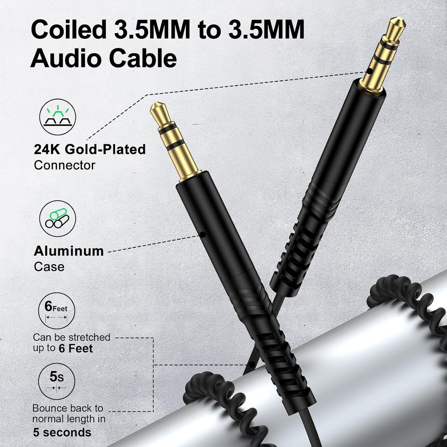 3.5mm 3.5mm 6FT, 3.5 mm Coiled to Audio Cable Retractable Male to Male Aux Cord Car Stereo Audio Jack Adapter Dongle