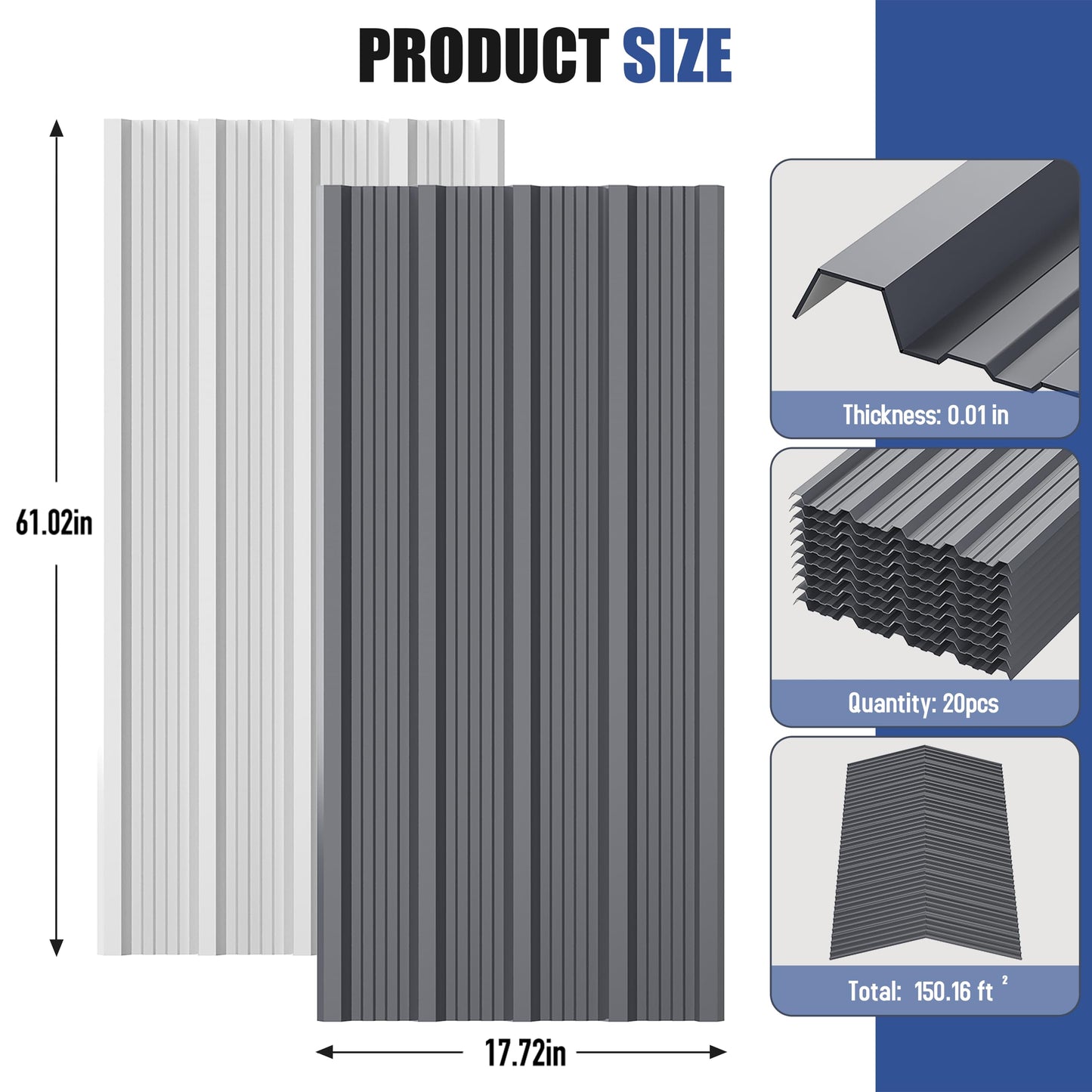 Brakki Corrugated Metal Roofing Panels 20pcs 150.6 ft², Grey Galvanized Steel Roof Panels with Screw, Heavy Duty Metal Siding Suitable for Garages Chicken Coop Sheds Stables Patio