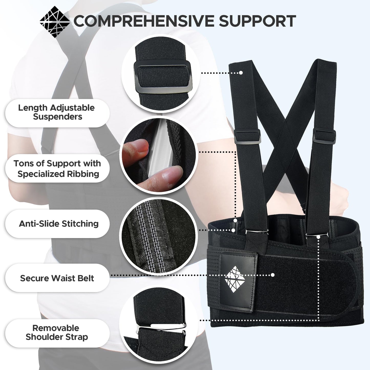 Back Brace for Men Lower Back Heavy Lifting with Suspenders, Back Support Belt for Work, Lower Back Brace with Lumbar Support for Back Pain Relief, Construction Warehouse Moving Belt, Size L