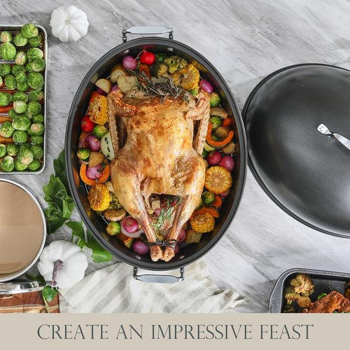 KITESSENSU Extra Large Roasting Pan with Lid - Nonstick Turkey Roaster with Rack | 18.5 x 14.5 In, Heavy Duty, Dishwasher Safe, Grey