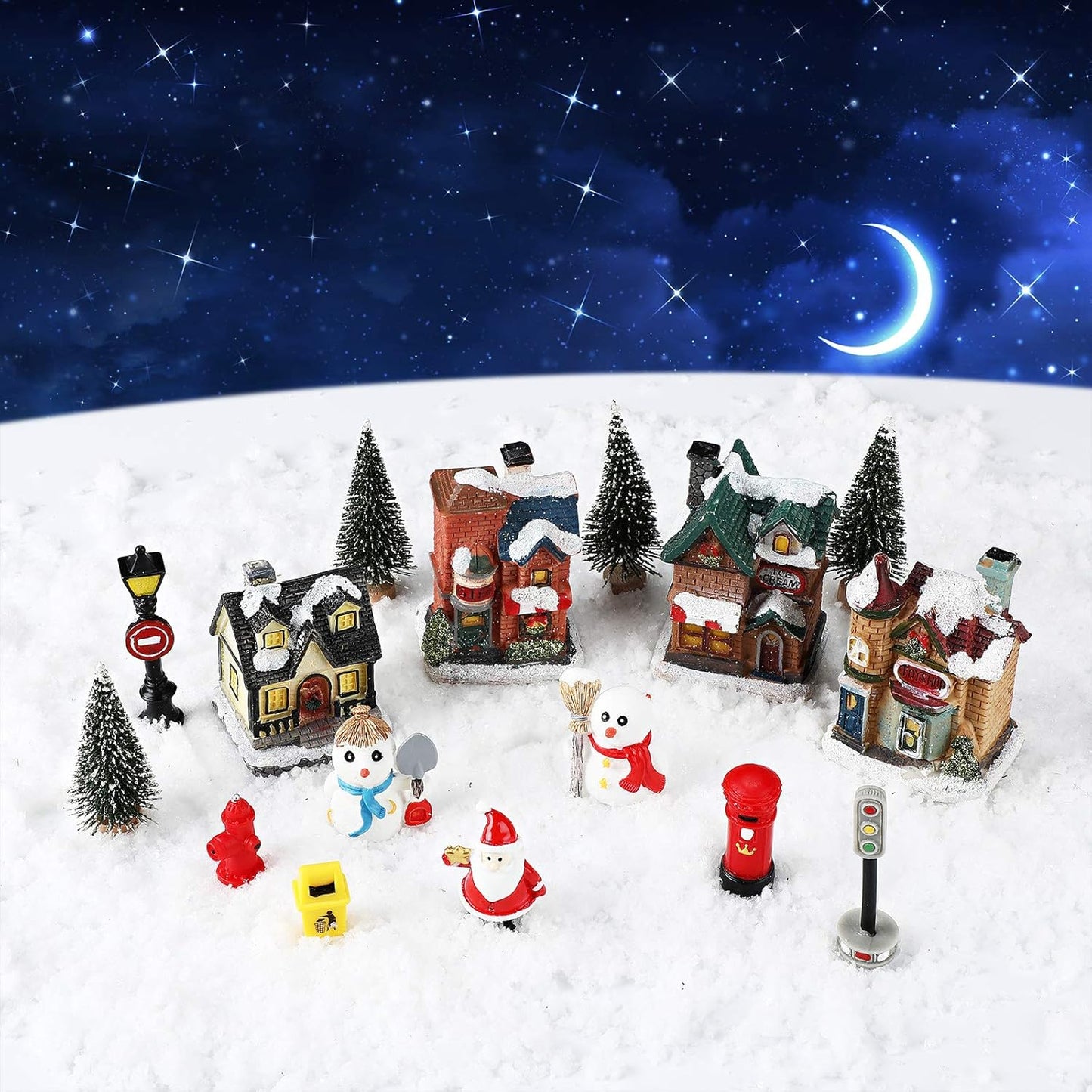 Skiennix 16-Piece Christmas Village Houses Set - LED Light-Up Figurines & Mini Accessories for Festive Decor