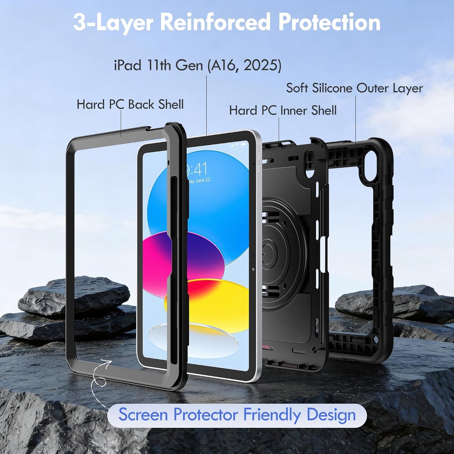 Kloium (A16) 11th (2025) 10th 10.9", 360 Case for iPad Generation & iPad Generation Heavy Duty Shockproof Rugged iPad