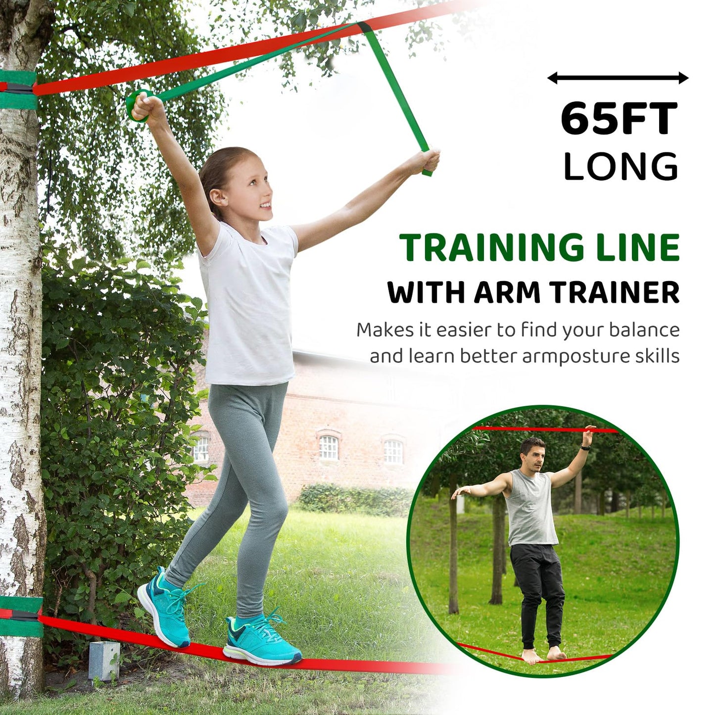 Dripex 65FT Ninja Warrior Obstacle Course for Kids - Double Longest Slacklines with 10 Most Complete Accessories for Kids, Swing, Trapeze Swing, Rope Ladder, Obstacle Net Plus 1.2M Arm Trainer