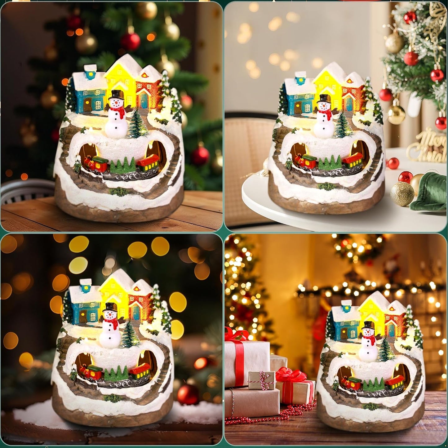 Skiennix Musical Resin Snowman Figurines - Spinning Train & LED Lights | Holiday Indoor Decor