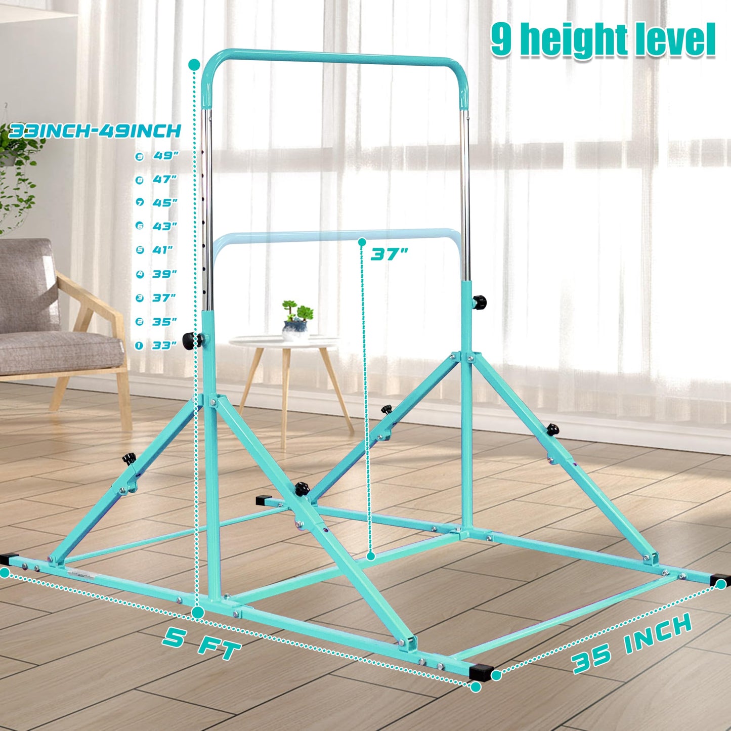 MARFULA Foldable Gymnastic Bar for Kids Ages 3-12, 9 Height Levels, 200 lbs Weight Capacity, 5 Ft Length Gymnastic Kip Bar with Mat, Gymnastic Equipment for Home and Gym Center Indoor Outdoor Use
