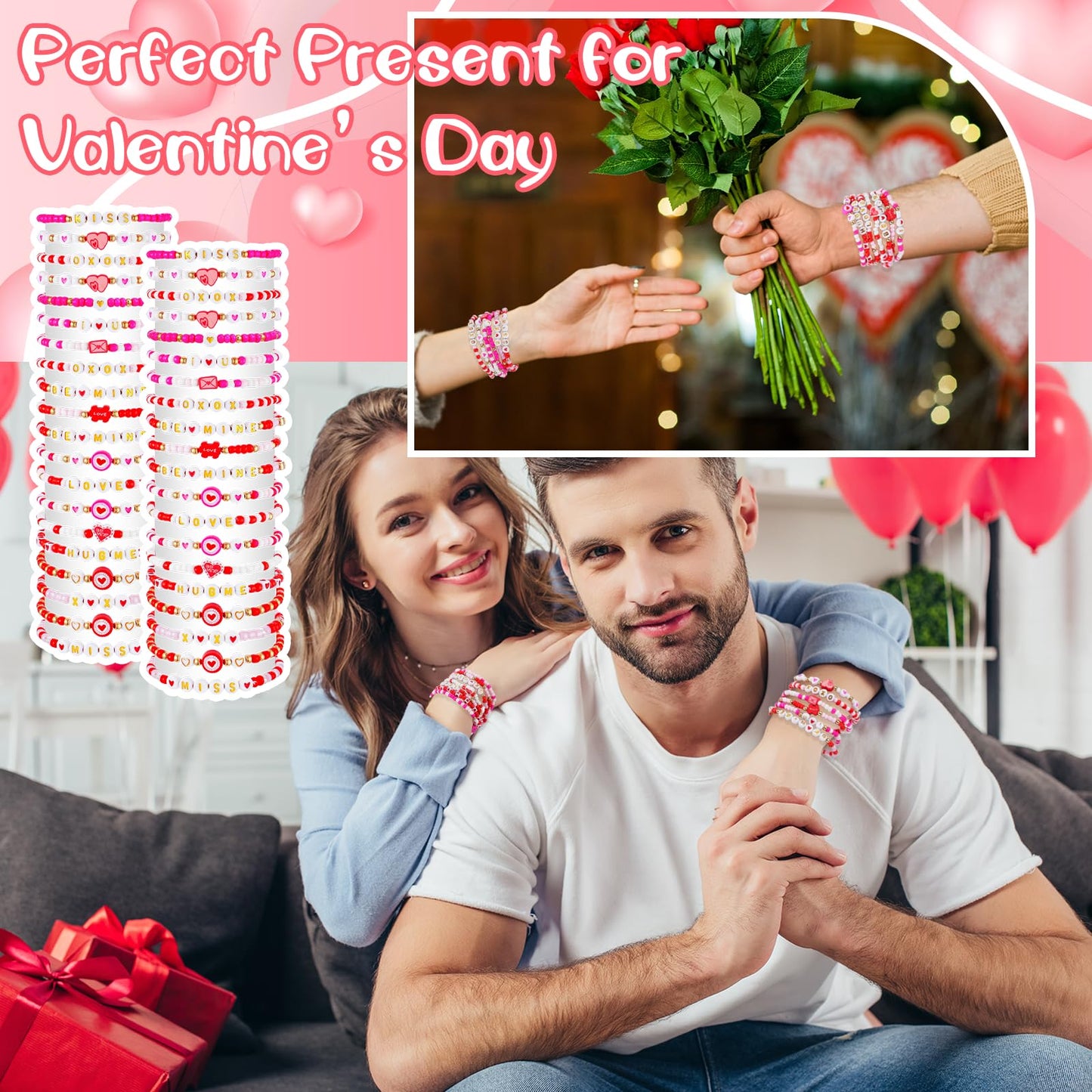 yesaior 60 pcs Valentine's Day Bracelets Bulk Colorful Friendship Adjustable Beaded Bracelets Bulk Women's Clay Surfer Heishi Jewelry for Women Men Gift Party Supplies (Valentine's Day)