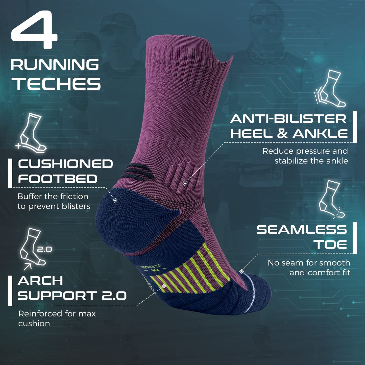 Rahhint Compression Running Socks 3 Pairs, Cushion Crew Socks, Anti-Blister Moisture Wicking Athletic Hiking Basketball Socks