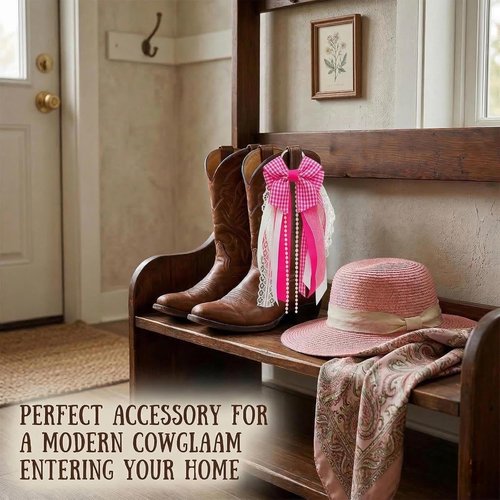 Holiday Bow Ribbons - Festive Birthday Accessory Decor | Pink Plaid Cowboy Boot Charms (2 Pieces)