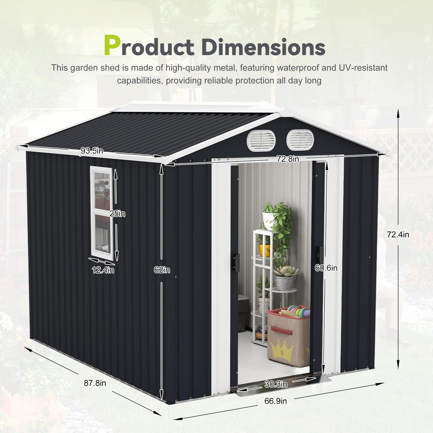 KEIKI 8x6 FT Outdoor Storage Shed, Metal Garden Shed, Heavy Duty Tool Shed, Lockable Weatherproof Storage House with Air Vents for Backyard Patio Outdoor Storage, Dark Gray