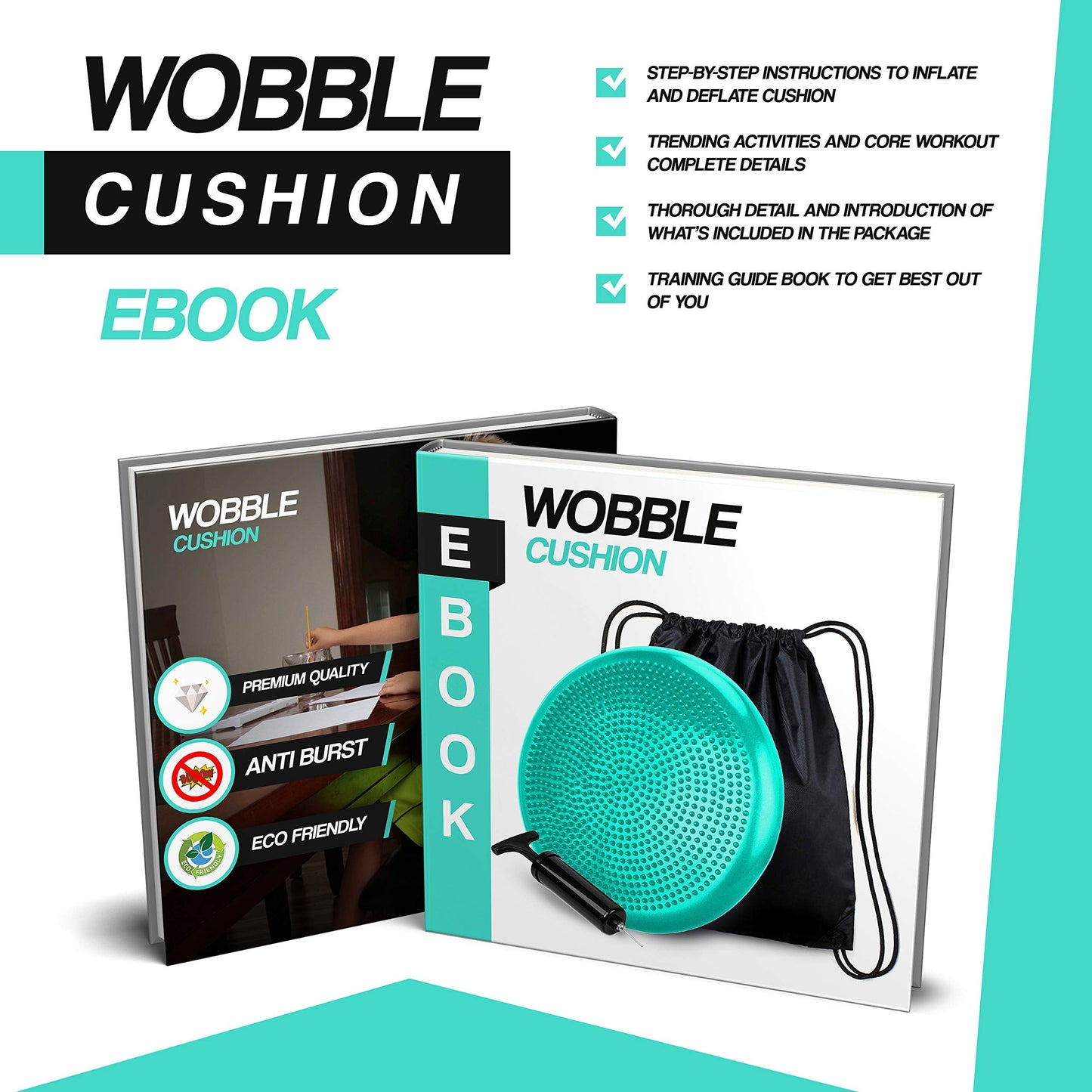 RFAQK Inflated Air Stability Wobble Cushion - Wiggle Seat to Improve Sitting Posture & Attention, Stability Balance Disc for Physical Therapy Exercise [Extra Thick, Pump, Bag, E-Book Included]