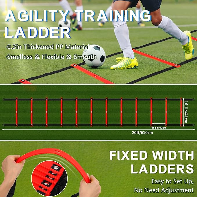 Fixed Rung Agility Ladder - 20ft 12 Rungs No Tangle Speed and Agility Training Equipment for Soccer Footwork Training with Carrying Bag/Ground Stakes for Adults Youth Kids