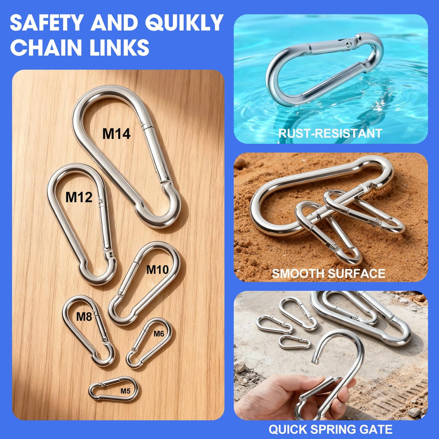 60 Pack Heavy Duty Carabiners, 3/8” Spring Snap Hook Carabiner for Heavy Uses, 4-Inch Snap Hooks Large Carabiners Clips Chain Links Safety Buckle Connector for Swing Hammock Fitness Gym Outdoor Indoor