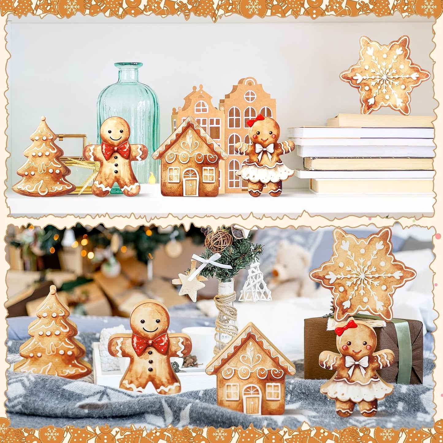 Threehoney Gingerbread Christmas Decorations - 5 Pcs Cute Wooden Table Centerpieces for Home & Office